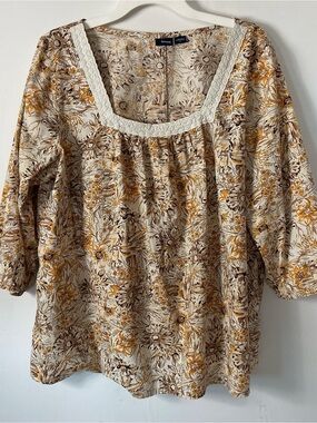 Basic Editions Floral Square-Neck Blouse in Cream and Mustard